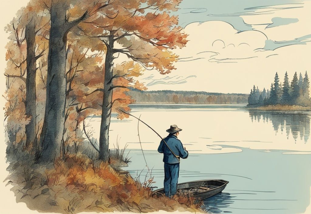 Vintage-Skizze eines Fischers am Ufer eines ruhigen Sees, umgeben von bunten Herbstbäumen, der einen großen Hecht einholt, Hauptfarbthema Blau.
