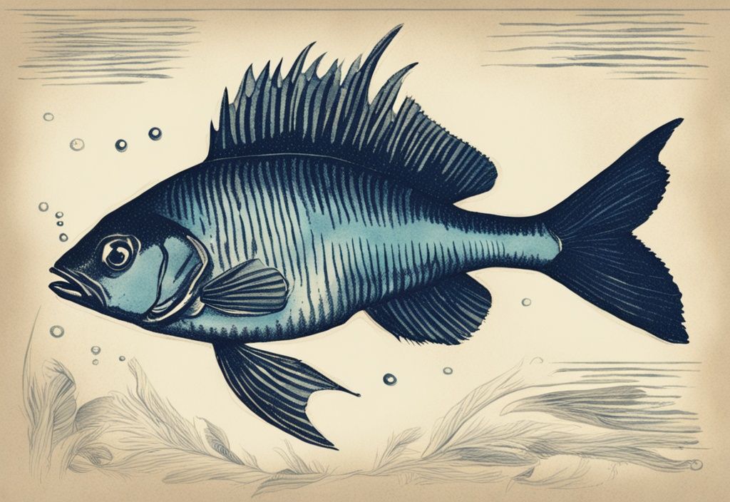 Vintage-Skizzenillustration eines Fisches unter Wasser in Blautönen, Nahaufnahme der Kiemenspalten beim Atmen, wie atmen Fische.