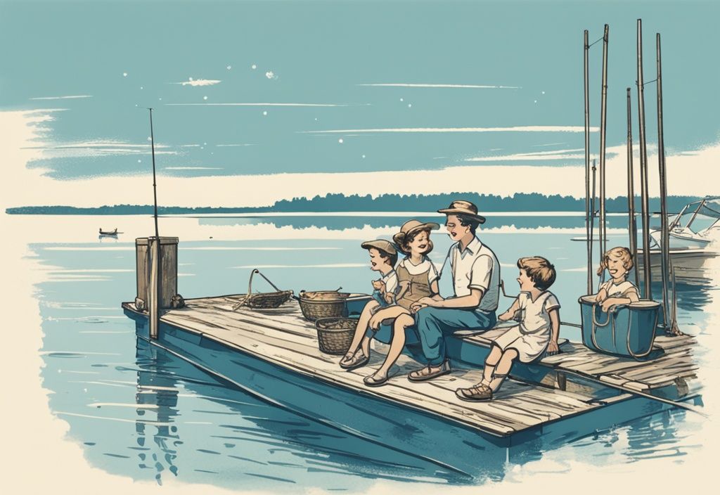 Vintage-Skizze einer Familie mit Kindern, die an einem sonnigen Tag auf einem Steg angeln und die Freude eines Angelurlaubs genießen, in Blau gehalten.
