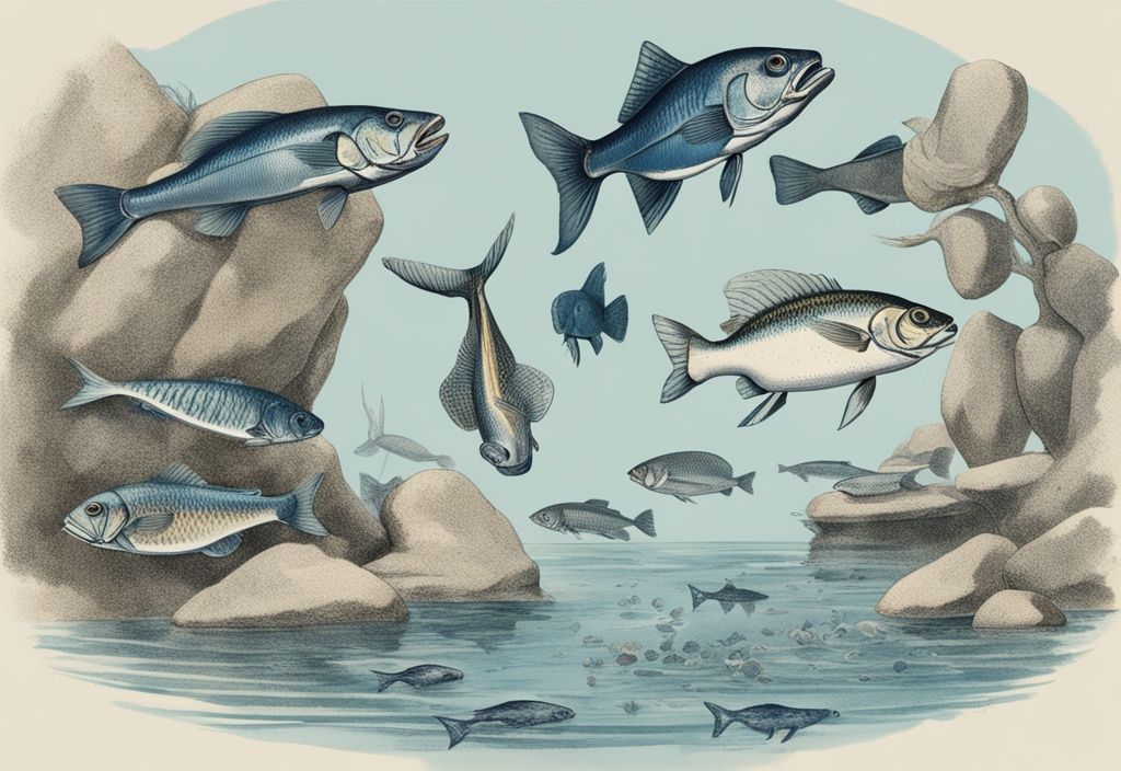 Vintage-Skizzenillustration von Fischen aus dem Rhein, die knapp unter der Wasseroberfläche nahe flachem Wasser und Felsen schwimmen, in Blautönen gehalten.