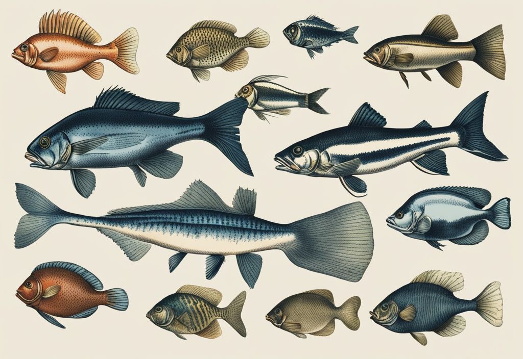 Vintage-Skizzenillustration von Fischarten NRW in Blau, die verschiedene Fischarten aus Nordrhein-Westfalen, Deutschland, mit ihren Farben und einzigartigen Merkmalen zeigt.