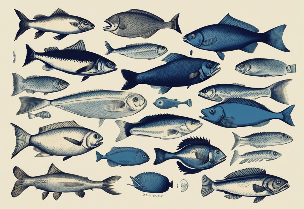 Vintage-Skizzenillustration von Fischarten Ostsee in Blau, mit vielfältigen Fischen unterschiedlicher Größe, Form und Farbe.