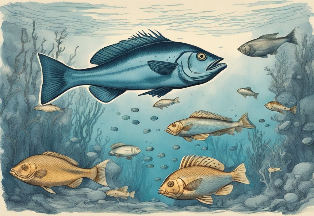 Vintage-Skizzenillustration einer lebendigen Unterwasserszene in der Nordsee mit verschiedenen Fischarten Nordsee wie Atlantischer Kabeljau, Schellfisch und Europäischer Flunder, Hauptfarbthema Blau.