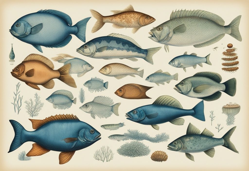 Vintage-Skizzenillustration von Fischen in Blau mit Abbildungen ihrer spezifischen Ernährung wie Plankton, Würmer, kleine Fische und Algen.