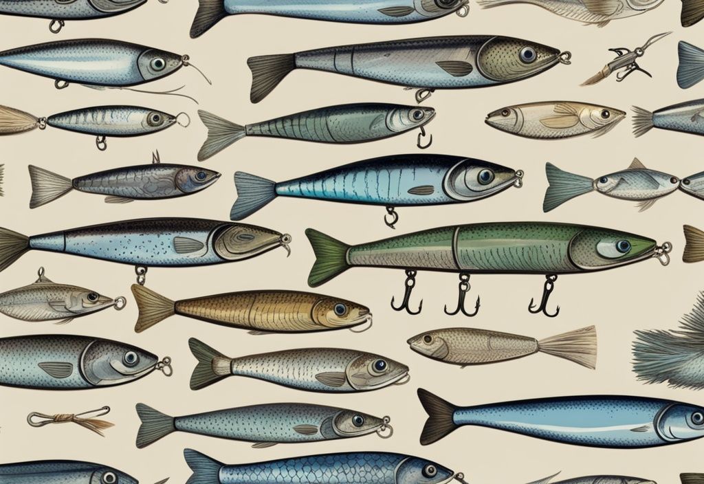 Vintage Skizze mit blauen Tönen, zeigt die besten Jerkbaits in verschiedenen Farben und Größen auf rustikalem Holzhintergrund.