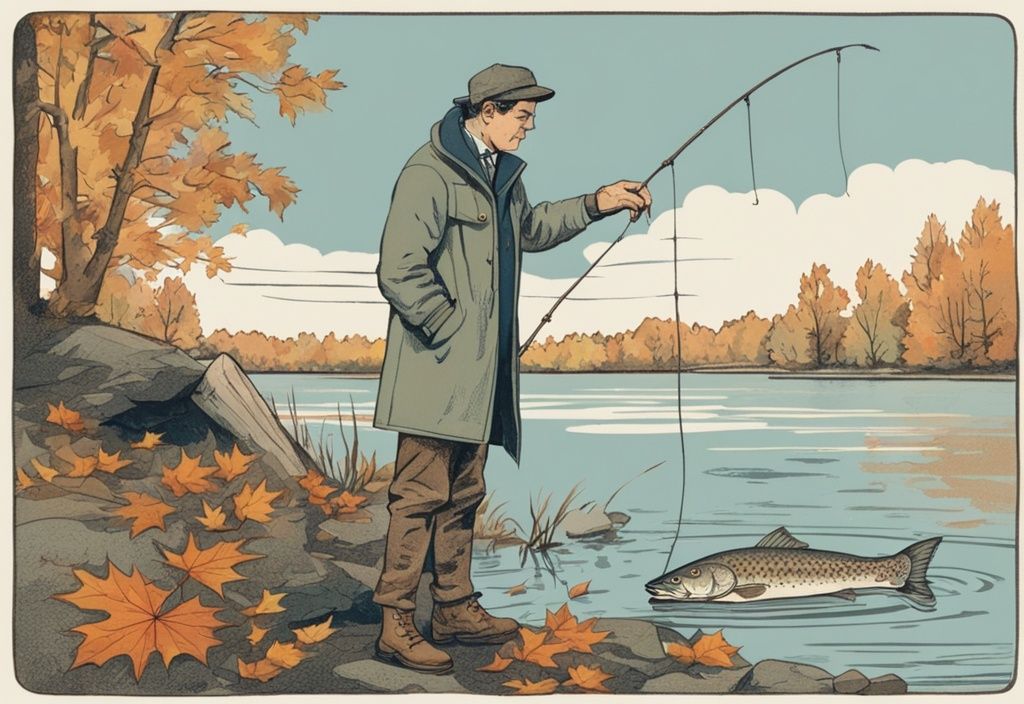 Vintage-Skizzenillustration von einem Mann in warmer Jacke beim Hechtangeln im Herbst am ruhigen See mit Herbstblättern und einem großen Hecht zu seinen Füßen.