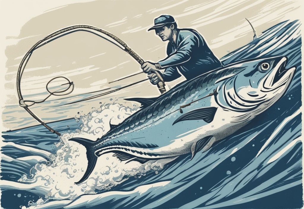 Vintage-Skizze eines Sportfischers auf See, der mit einer großen Thunfisch kämpft, Hauptfarbthema Blau.