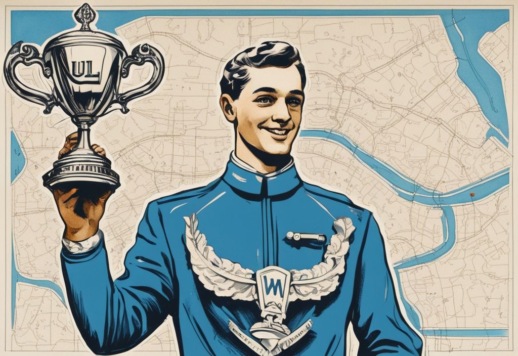 Vintage-Skizzenillustration eines siegreichen Menschen mit großem Pokal, der den UL-Route-Test-Gewinner symbolisiert, vor detaillierter UL-Routenkarte im Hintergrund, Hauptfarbthema Blau.