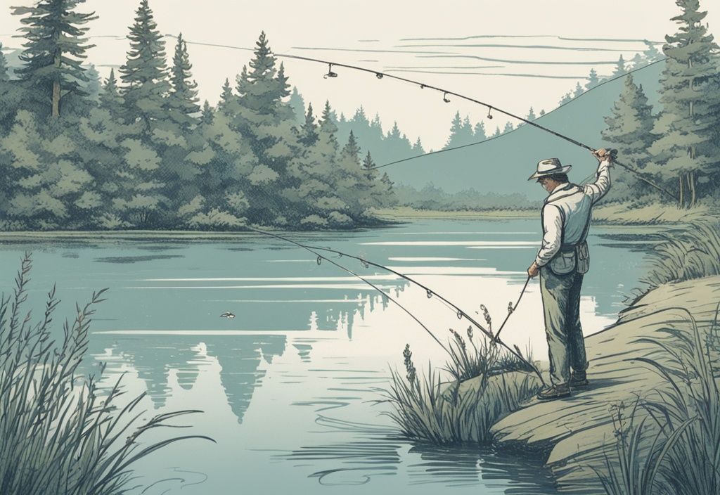 Vintage-Skizze eines Anfängers beim Angeln an einem ruhigen See mit einem gefangenen Forellenfisch, umgeben von üppigem Grün, Hauptfarbe Blau
