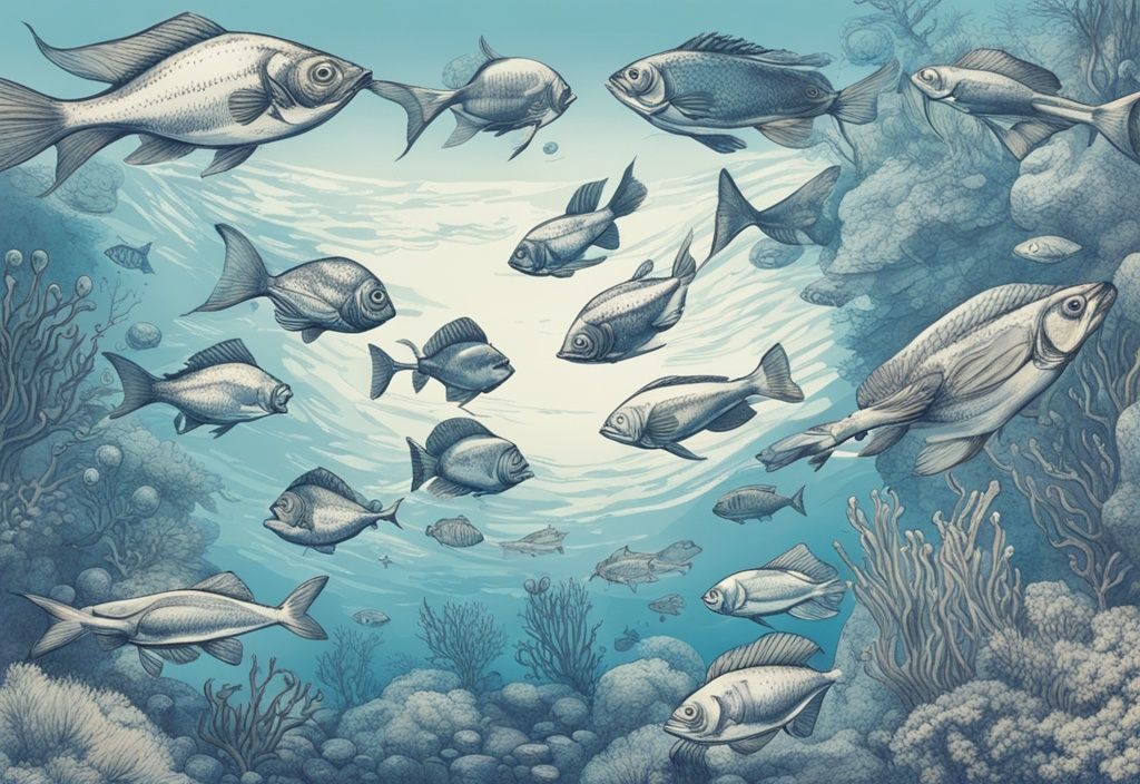 Vintage-Skizzenillustration einer lebendigen Unterwasserszene mit verschiedenen Madeira Fischarten in ihrem natürlichen Lebensraum, Hauptfarbton Blau.