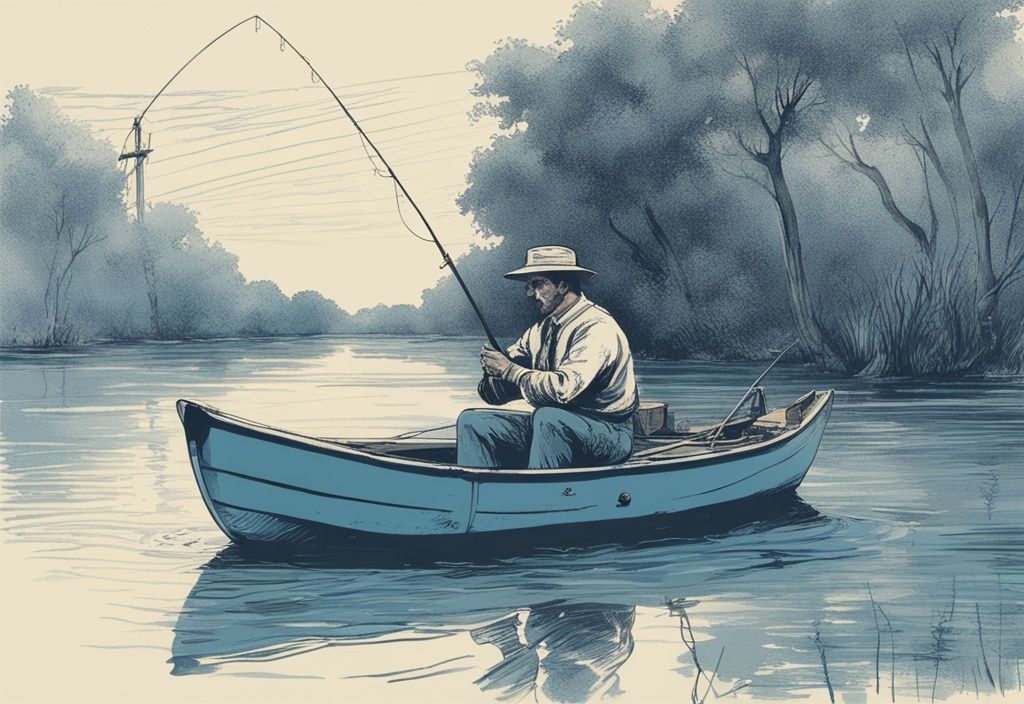 Vintage-Skizze eines Anglers auf einem Boot am Ebro-Fluss mit blauen Farbtönen.