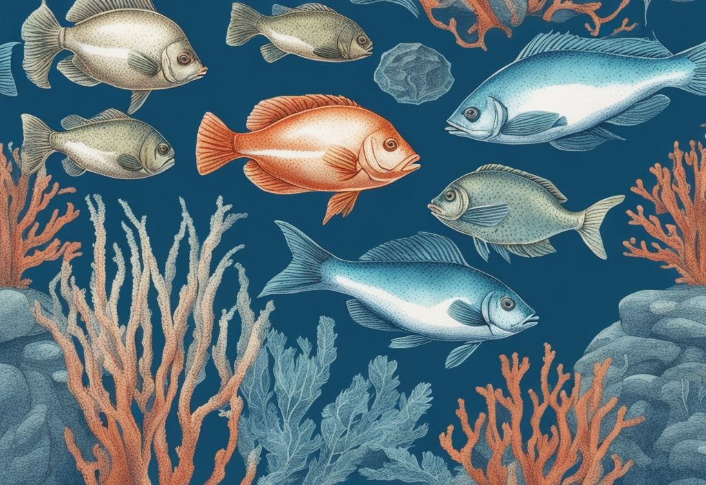 Vintage Skizze von Caspischen Meer Fischen in Blau, schwimmend zwischen Unterwasserpflanzen, Felsen und Korallen