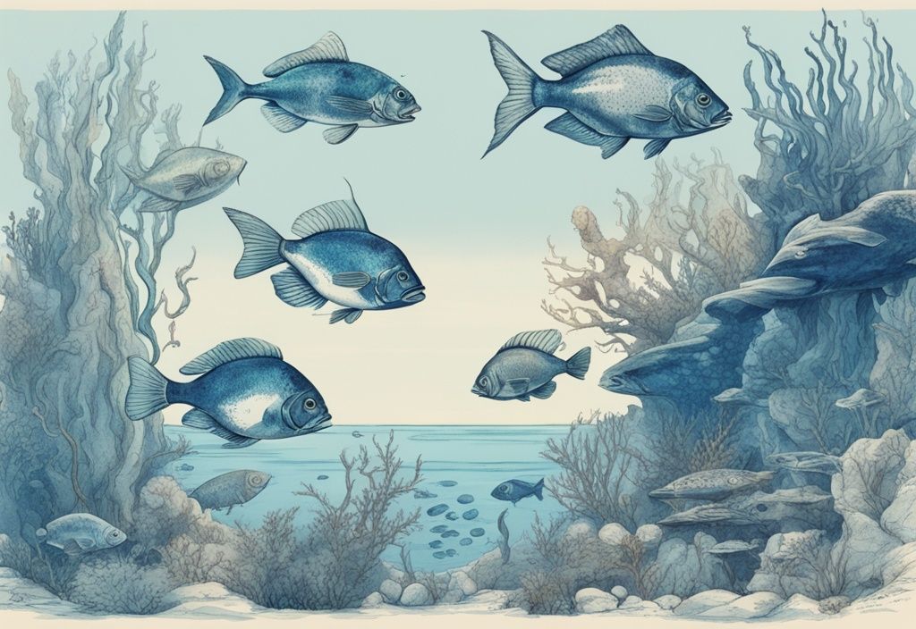Vintage-Skizzenillustration von Fischen im Aralsee, diverse Arten in tiefblauem Wasser und felsigen Unterwasserformationen.