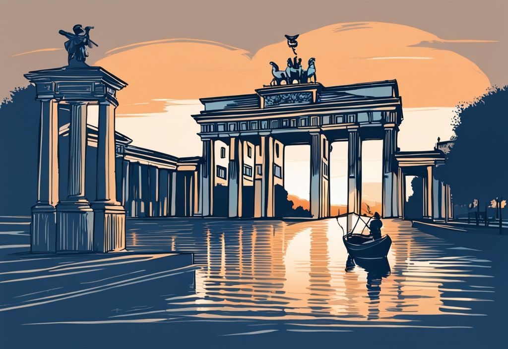 Vintage-Skizze eines Fischers beim Angeln in Berlin am Brandenburger Tor bei Sonnenaufgang, Hauptfarbton Blau.