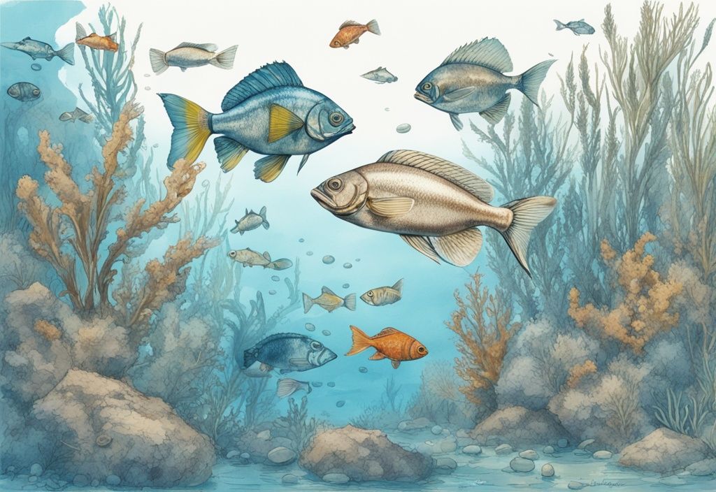 Vintage-Skizzenillustration mit blauem Farbschema, zeigt bunte Aralsee Fischarten, die im klaren Wasser zwischen Unterwasserpflanzen und Kieseln schwimmen.