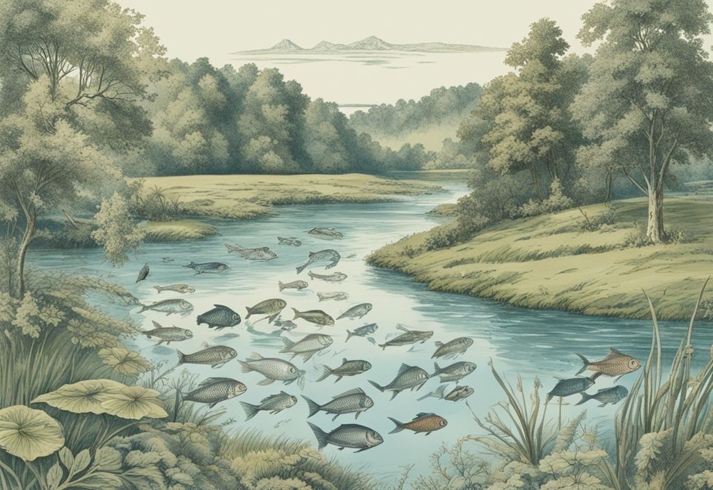 Vintage-Skizze von Fischarten Niedersachsen in einem klaren Fluss mit grüner Landschaft im Hintergrund, Hauptfarbe Blau.