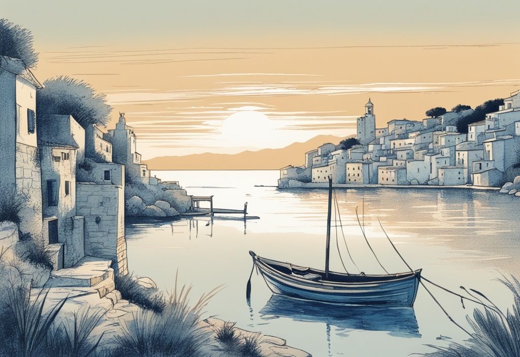 Vintage-Skizzenillustration eines ruhigen Sonnenaufgangs über den friedlichen Gewässern von Mallorca, ein einsamer Fischer beim Angeln auf Mallorca, mit einem malerischen Küstendorf im Hintergrund.