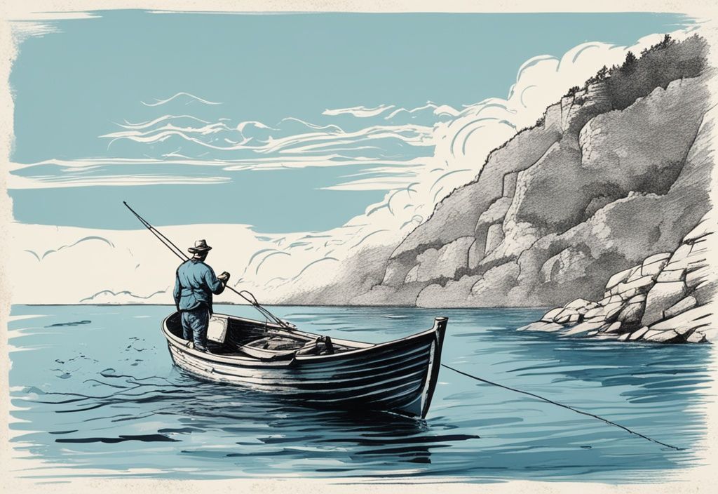 Vintage-Skizze eines Fischers auf einem traditionellen kroatischen Boot, der einen großen Thunfisch vor der azurblauen kroatischen Küste einholt.