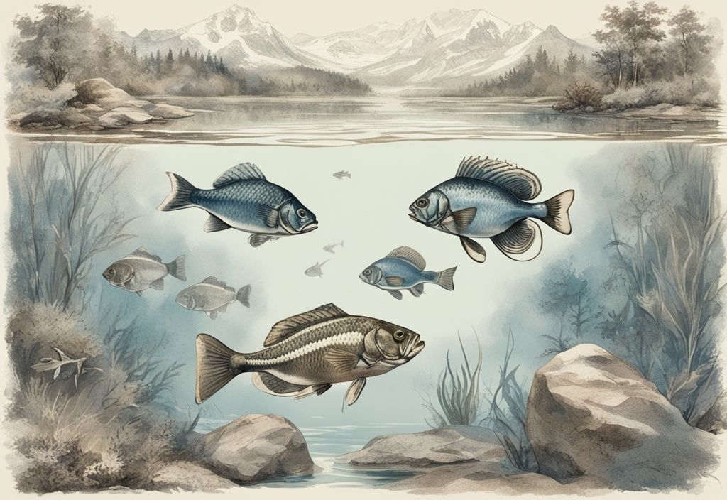 Vintage-Skizzenillustration von deutschen Süßwasserfischen in klarem Wasser mit malerischer deutscher Landschaft im Hintergrund, Hauptfarbthema Blau.