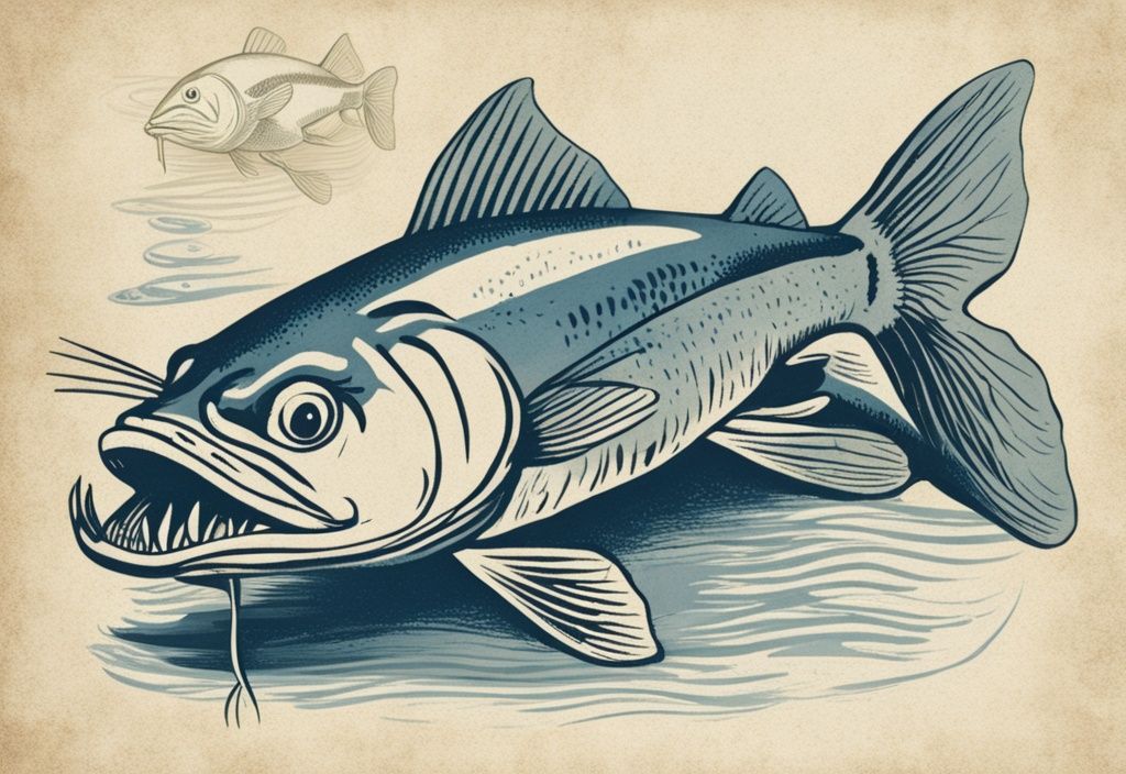 Vintage-Skizzenillustration eines Welses in Blau, der gerade einen kleineren Fisch frisst.
