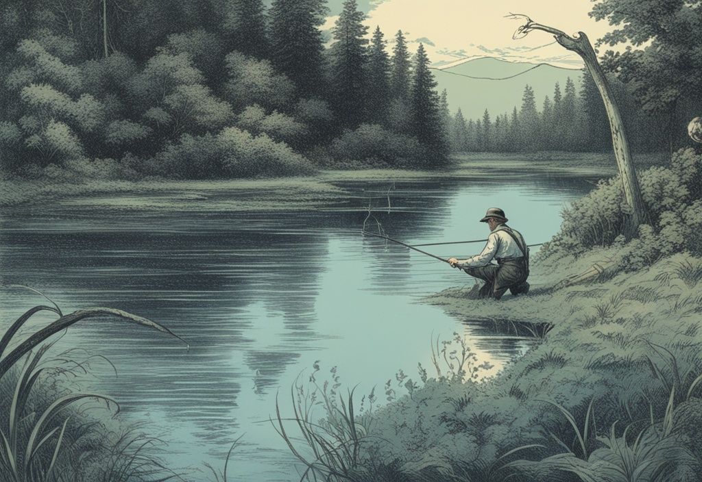 Vintage-Skizze eines Anglers in blauen Gewässern, der einen glänzenden Aal in einer grünen Flusslandschaft fängt