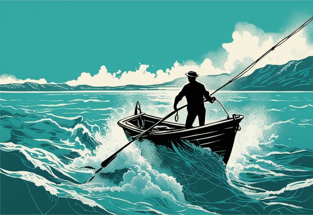 Vintage-Skizze eines Fischers, der ein Netz ins türkisblaue Wasser der Adria vor der Küste Kroatiens wirft, während Thunfische um das Boot springen; Thunfisch angeln Kroatien.