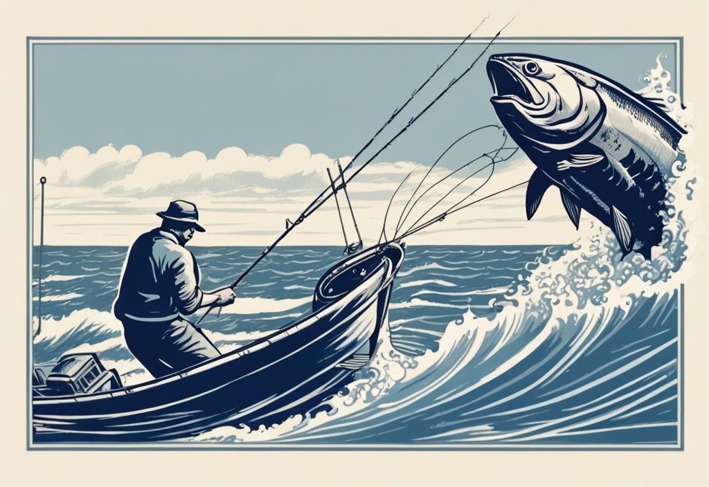 Vintage-Skizze eines Sportfischers auf See, der mit einem großen Thunfisch kämpft, Hauptfarbthema Blau