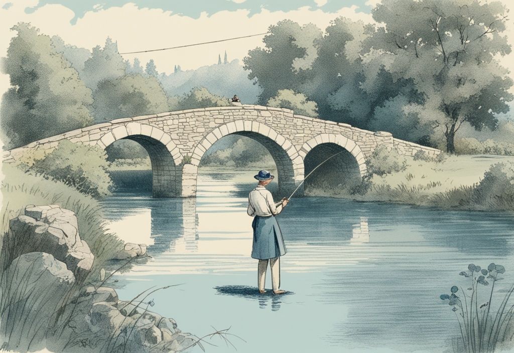 Vintage-Skizze einer ruhigen Angelszene an einem französischen Landfluss, umgeben von üppigem Grün und alten Steinbrücken, mit einem humorvollen französischen Schild im Hintergrund, das Angeln ohne Lizenz anzeigt.