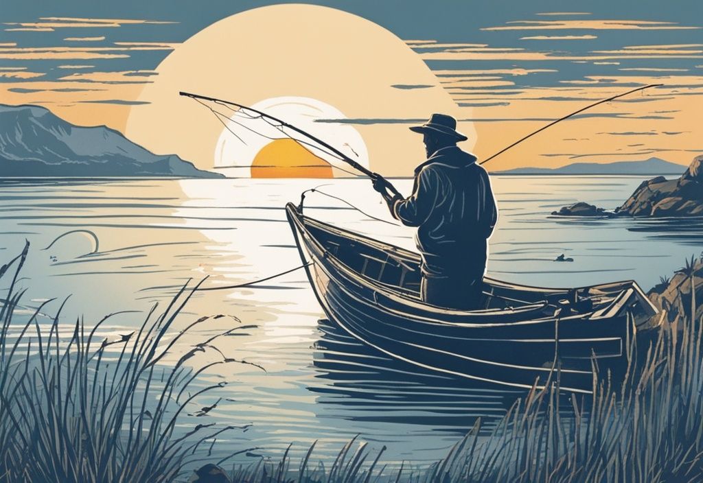Vintage-Skizze eines Fischers beim morgendlichen Angeln auf Föhr in einem traditionellen Boot vor der malerischen KĂŒste mit Sonnenaufgang im Hintergrund.