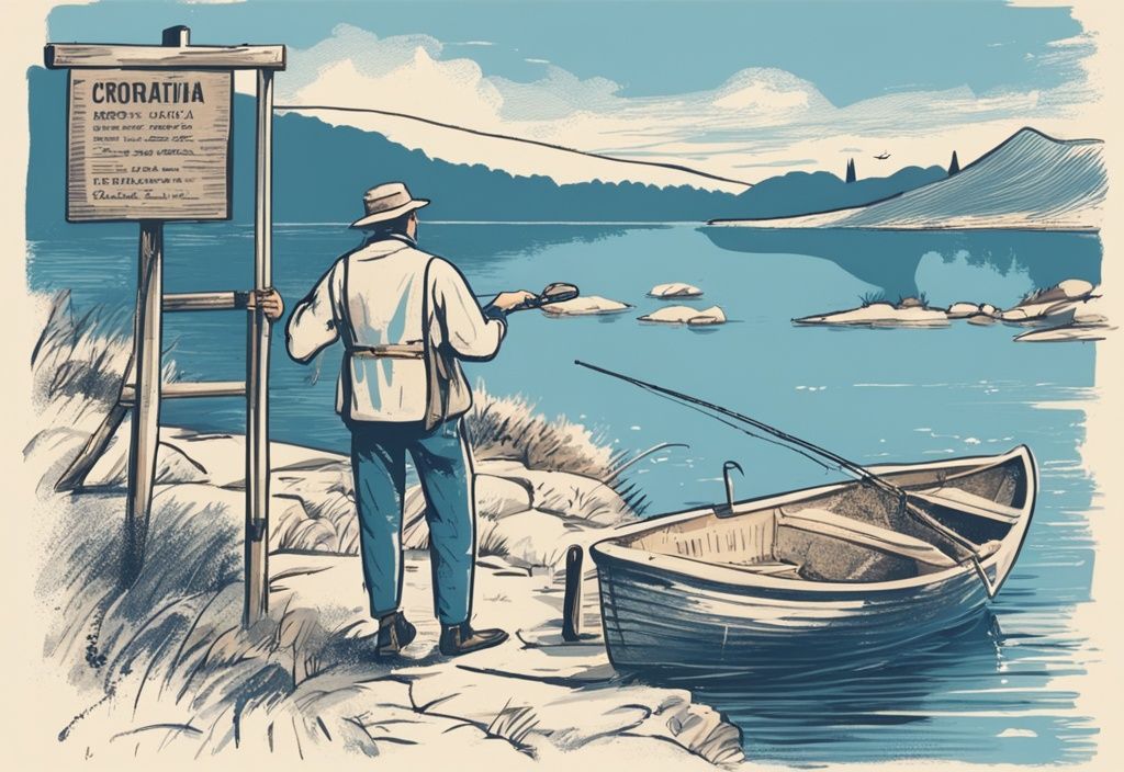 Vintage-Skizze einer ruhigen kroatischen Landschaft in Blau mit einem Fischer am See und ikonischen kroatischen Informationsschildern, einschließlich eines über Angelvorschriften.