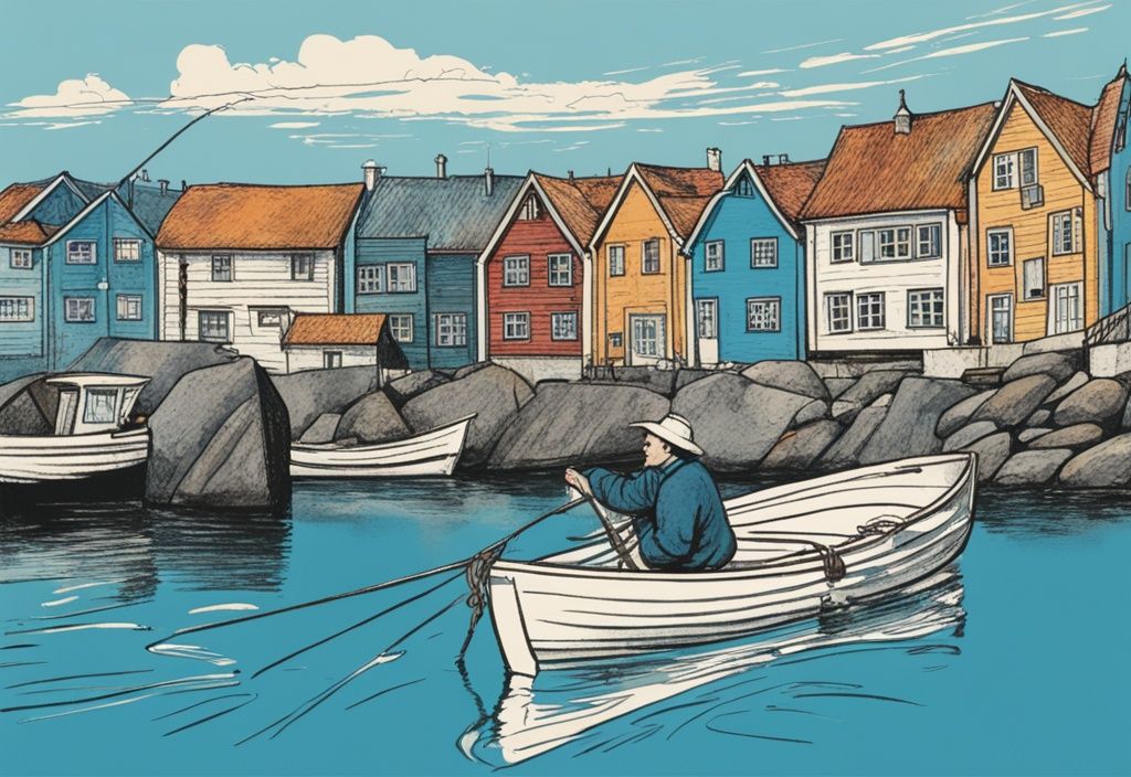 Vintage-Skizze eines Fischers in einem Boot, der in die blauen Gewässer von Stavanger, Norwegen angelt, mit zerklüfteter Küste und bunten, malerischen Häusern im Hintergrund.