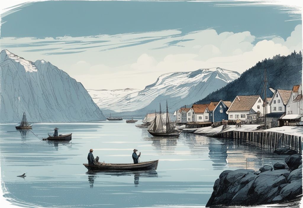 Vintage-Skizzenillustration von Fischern in Stavanger, Norwegen, bei der Arbeit vor kristallklarem Wasser und hohen Fjorden im Hintergrund, in Blau gehalten.
