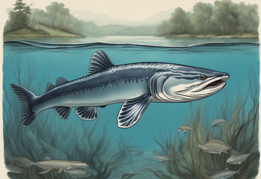 Vintage-Skizze eines großen Atlantischen Störs, größter Fisch in Deutschland, der majestätisch in dichter aquatischer Vegetation eines kristallklaren Flusses schwimmt.