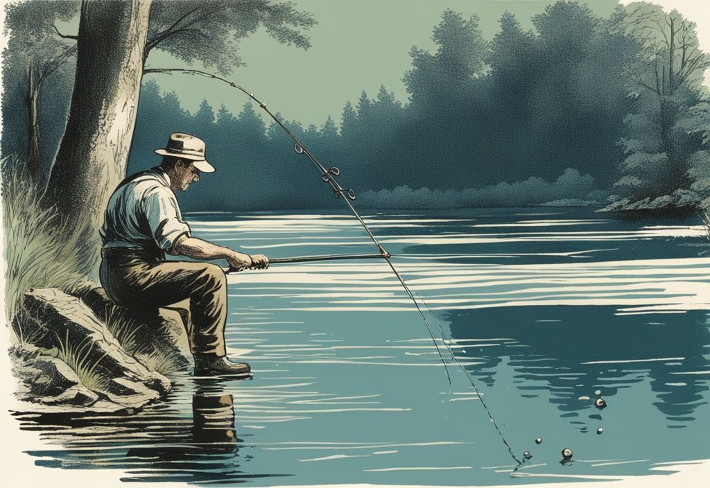 Vintage-Skizze eines Anglers, der in blauen, glitzernden Gewässern steht und einen glänzenden Aal in einer grünen Flusslandschaft fängt.