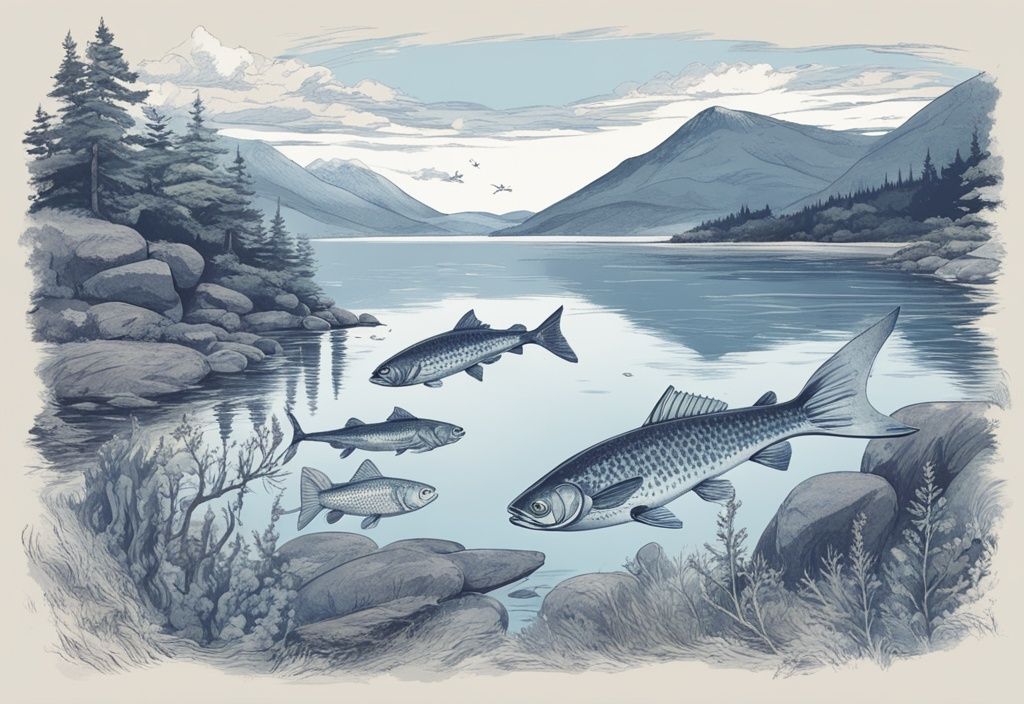 Vintage-Skizze von Fischen im Loch Ness, blaue Farbthemen, schottische Berglandschaft im Hintergrund