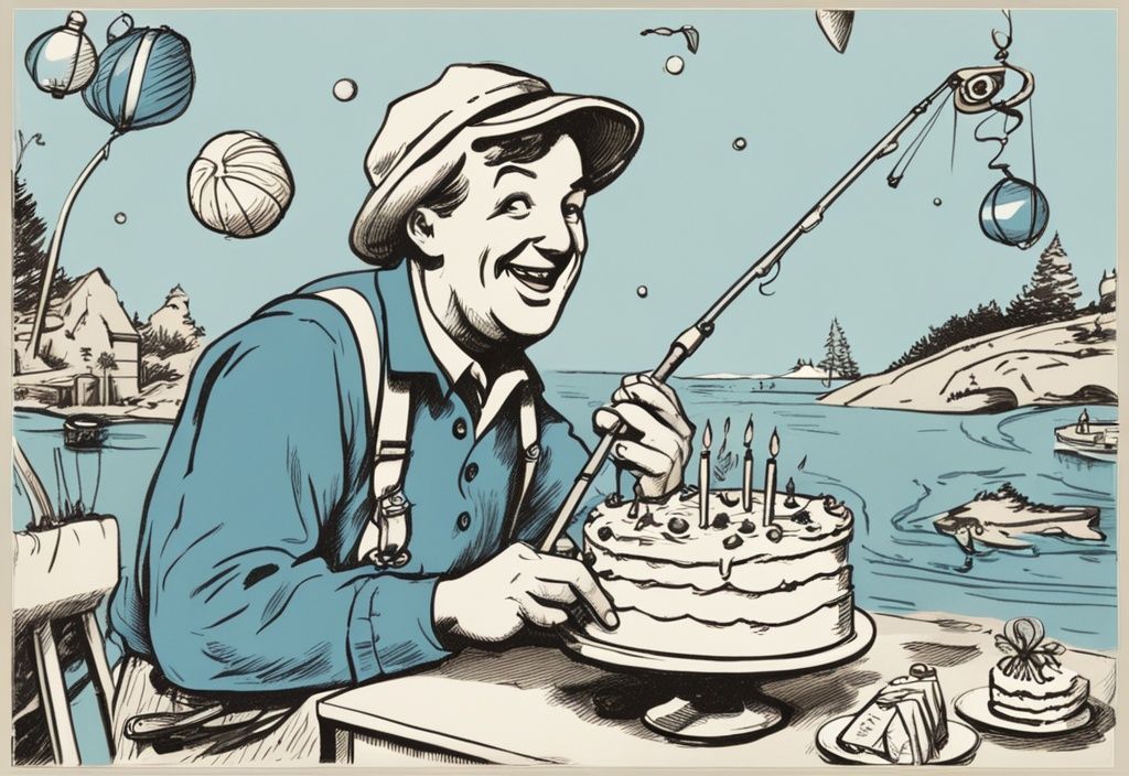Vintage-Skizze: Ein fröhlicher Angler zieht statt eines Fisches eine Geburtstagstorte an seiner Angelrute hoch, umgeben von Geburtstagsdekorationen und humorvollen Elementen - Geburtstagswünsche Angler lustig.