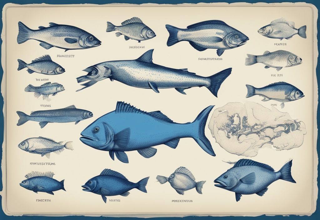 Zeichnung der Evolution von Fischen von prähistorischen Zeiten bis heute, blaue Farbthematik, vintage Stil