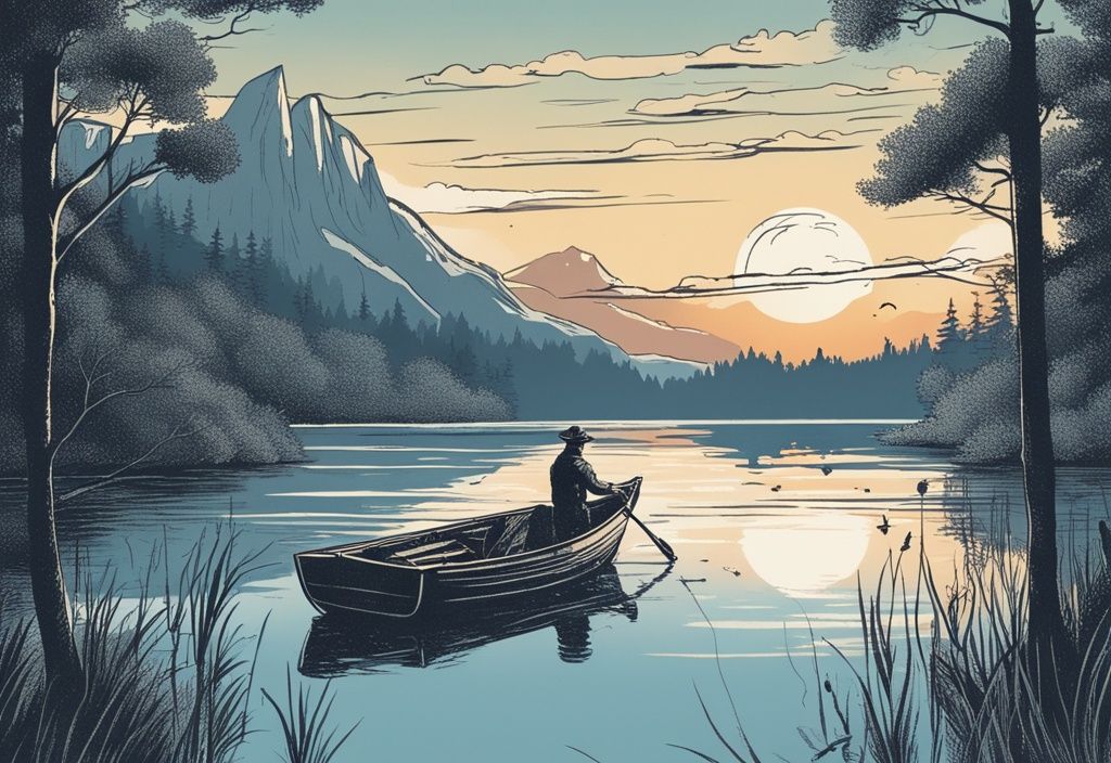 Vintage-Illustration eines Anglers in einem kleinen Holzboot auf einem ruhigen slowenischen See bei Sonnenuntergang, umgeben von üppigem Grün, Angeln in Slowenien.