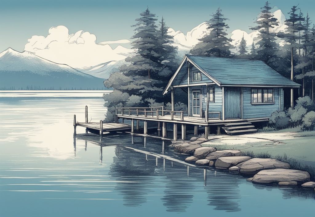 Vintage-Skizze in Blau: Bungalow direkt am See mit Angelsteg und ruhiger Landschaft