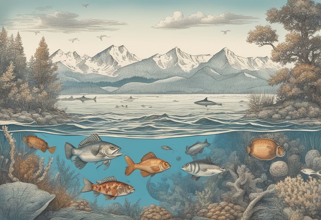Vintage-Skizze von Chiemsee Fischarten in Blau, zeigt verschiedene Fischarten in bunten Details unter Wasser mit bayerischer Landschaft im Hintergrund.