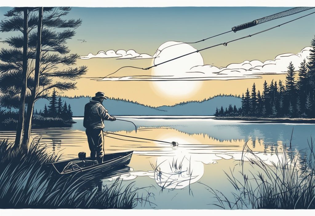 Vintage-Skizzenillustration eines Anfängeranglers, der bei Morgendämmerung freudig eine Angelrute in einen ruhigen See wirft, Hauptfarbthema Blau