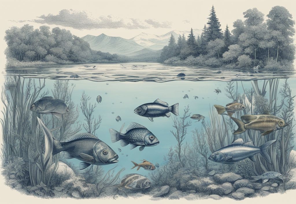 Vintage-Skizzenillustration von Fischen aus Sachsen in einem klaren Bach mit üppiger Vegetation, Hauptfarbthema Blau