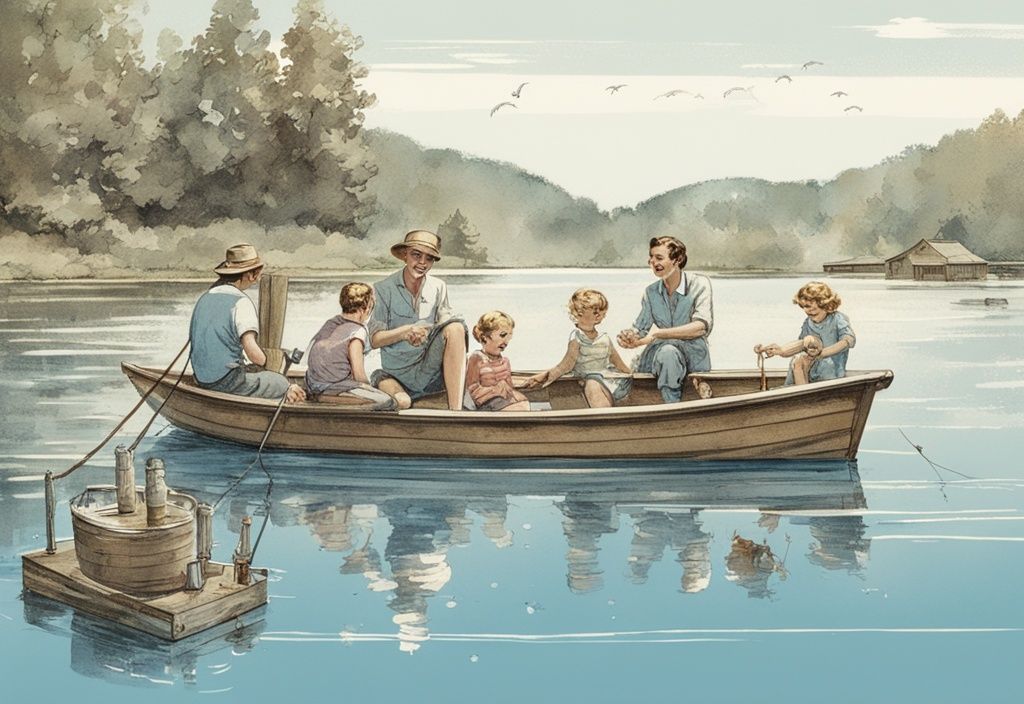 Vintage-Skizze einer Familie mit kleinen Kindern, die an einem sonnigen Tag auf einem Steg angeln und lachen, blaues Farbschema, zeigt den Spaß eines Angelurlaubs.