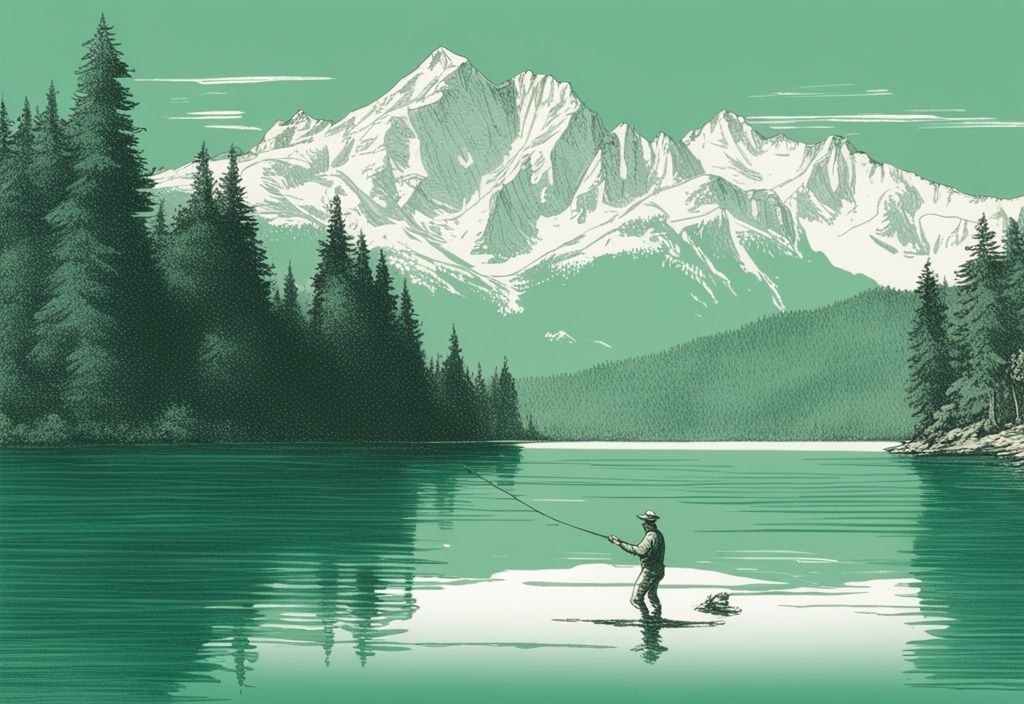 Vintage-Skizze eines Anglers, der seine Leine im smaragdgrünen Wasser des Bleder Sees mit den Julischen Alpen im Hintergrund auswirft, blaue Farbthematik.