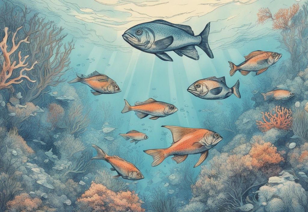 Vintage Skizze einer lebhaften Unterwasserszene in Blau mit Fischen, die um Korallenriffe schwimmen und nach Futter suchen.