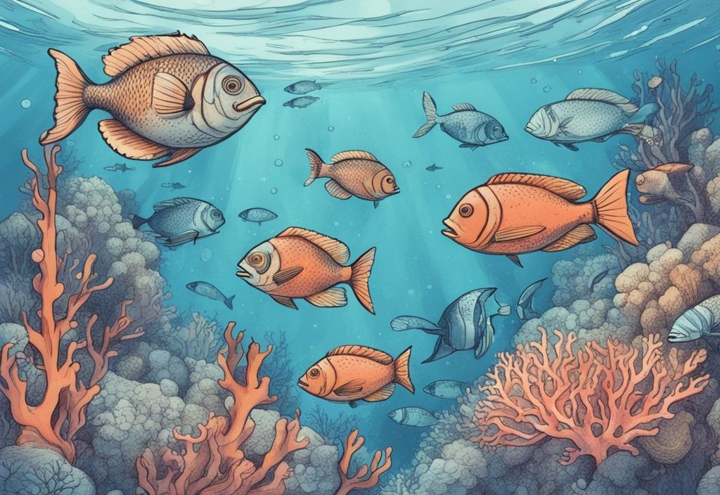 Vintage-Skizzenillustration einer Unterwasserszene mit verschiedenen Fischarten, die zwischen bunten Korallenriffen schwimmen, Hauptfarbthema Blau