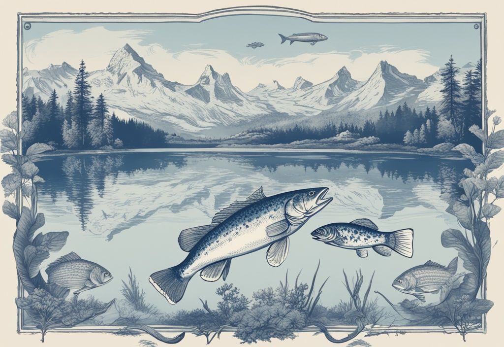 Vintage-Skizze von bayerischen Fischarten wie Hecht, Karpfen und Barsch vor malerischer bayerischer Landschaft, Hauptfarbe Blau