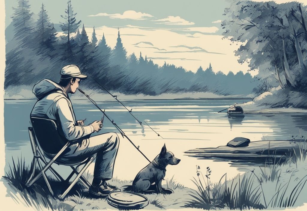 Vintage-Skizzenillustration eines ruhigen Flussufers: Ein Mann sitzt entspannt auf einem Campingstuhl mit einer Angelrute in der Hand, während im Hintergrund ein verspielter Hund die Umgebung erkundet. Angelurlaub mit Hund.