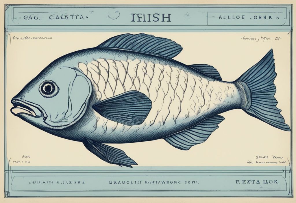 Vintage-Skizze eines einzigartigen Fisches in Blau, der in drei Abschnitte unterteilt ist, jeder Abschnitt mit einem anderen Namen beschriftet - welcher Fisch hat drei Namen.