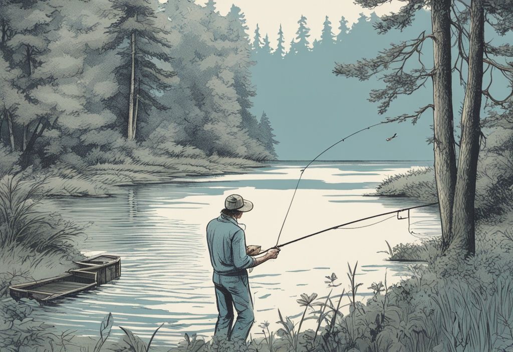 Vintage-Skizze eines Anfängeranglers in Freizeitkleidung, der eine Angelschnur in einen ruhigen See mit üppigem Grün wirft, mit einem Forellenfisch am Haken, in Blau gehalten.